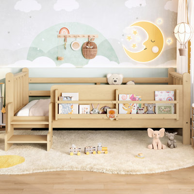 Twin Size Solid Wood Kids Floor Bed with Storage Bookcases, Cute Stairs & Guardrails, No Box Spring Needed, Light Natural