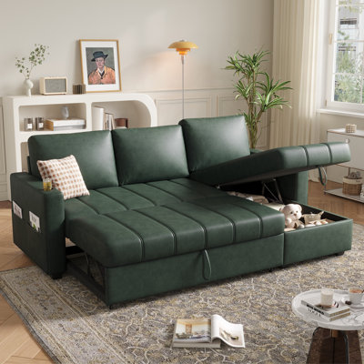 89" L-Shaped Sectional Sleeper Sofa with Hidden Storage, Faux Leather Pull-Out Sofa Bed for Living Room