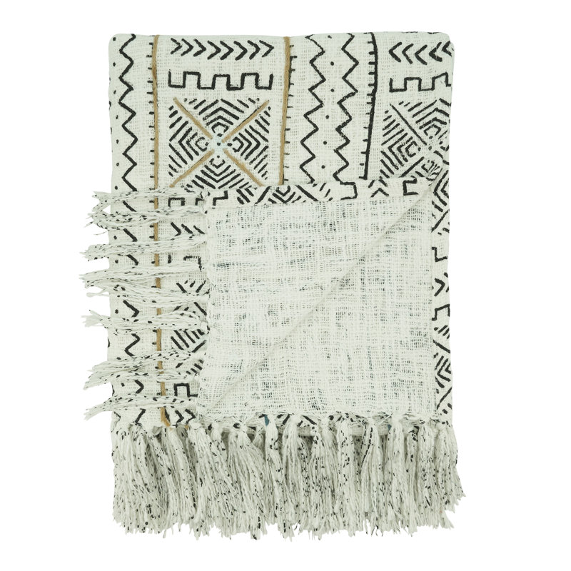 White Cotton Mudcloth Design Throw Blanket with Fringe