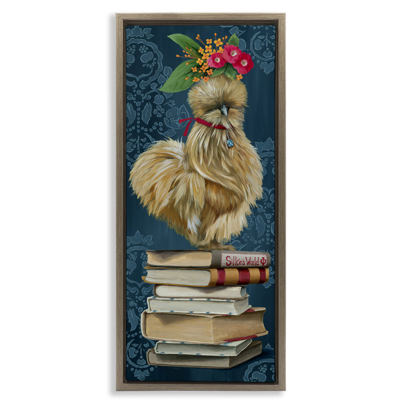 Poulet campagnard sur cadre flottant de bibliothèque, design par Heather Gauthier, H 31 po x l 15 po