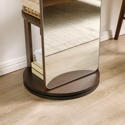 Solid Rubberwood Rotating Full-Length Mirror Cabinet, Freestanding Jewelry Armoire with Multi-Functional Hooks and Shelves for Bedroom & Closet