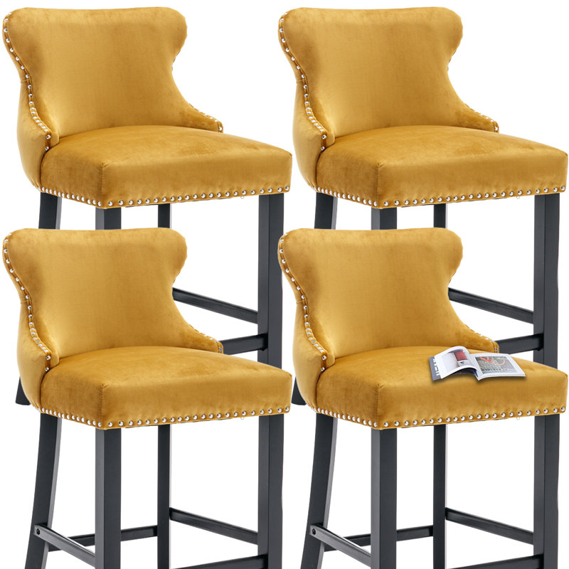  Modern Velvet Upholstered Bar Stools Counter Height Barstools Set of 4, Yellow