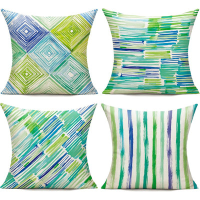 Ensemble de housses de coussins décoratifs verts pour l'extérieur, ensemble de 4 bancs de meubles de patio à rayures géométriques, carrés, coussins décoratifs d'intérieur, abstrait, décoration intérieure moderne pour canapé de chambre à couche