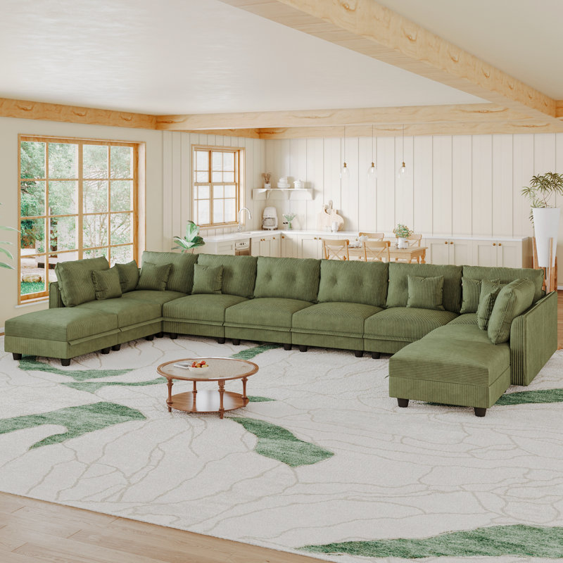 10 Seat Corduroy Convertible Modular Sectional Sofa With Storage, 8 Back Cushion 8 Throw Pillow, Green Corduroy