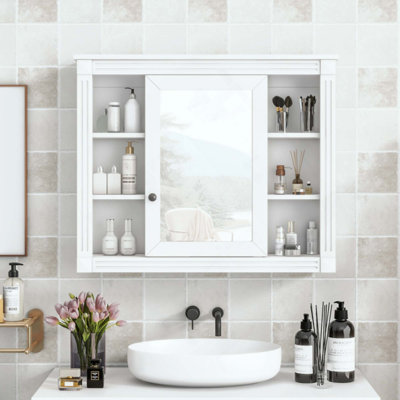 Armoire de rangement murale pour salle de bain, armoire à pharmacie, armoire de salle de bain moderne avec miroir, armoire à miroir avec 6 tablettes ouvertes (meuble-lavabo non inclus)
