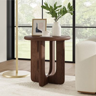 Jadida Modern 24"W Oak Veneer Top Round Side Table with Solid Wood Legs