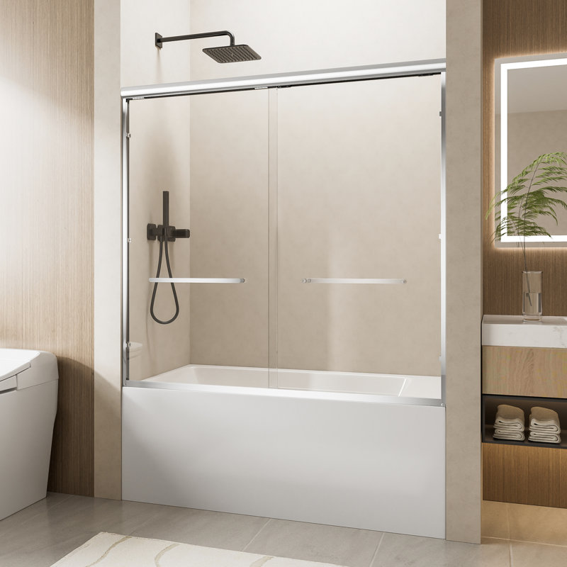60” Wide X 57” High Aluminum Frame Double Sliding Bathtub Door, 1/4” Clear Tempered Glass, Soft-close Feature, Reversible For Distinct Bathroom Configurations, Glass With Reduced Breakage Risk 60”w