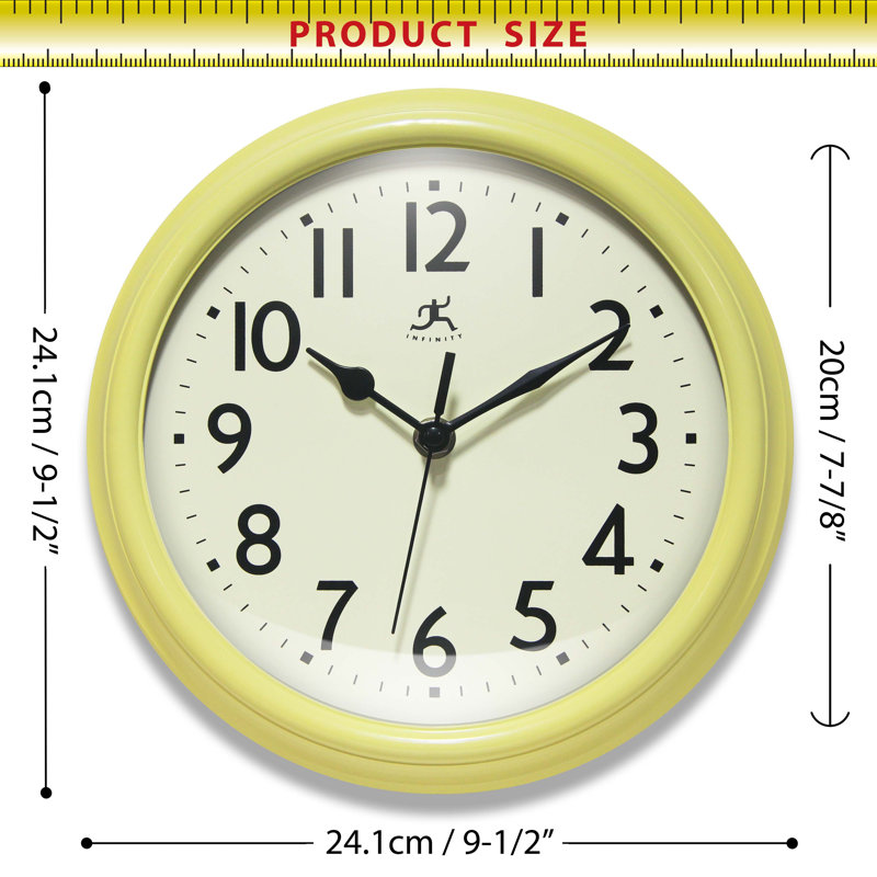 9.5" Yellow Plastic Retro Wall Clock with Black Metal Hands