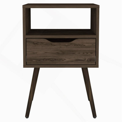 Otom Nightstand , Superior Top, One Open Shelf, One Drawer, Four Legs -Dark Walnut