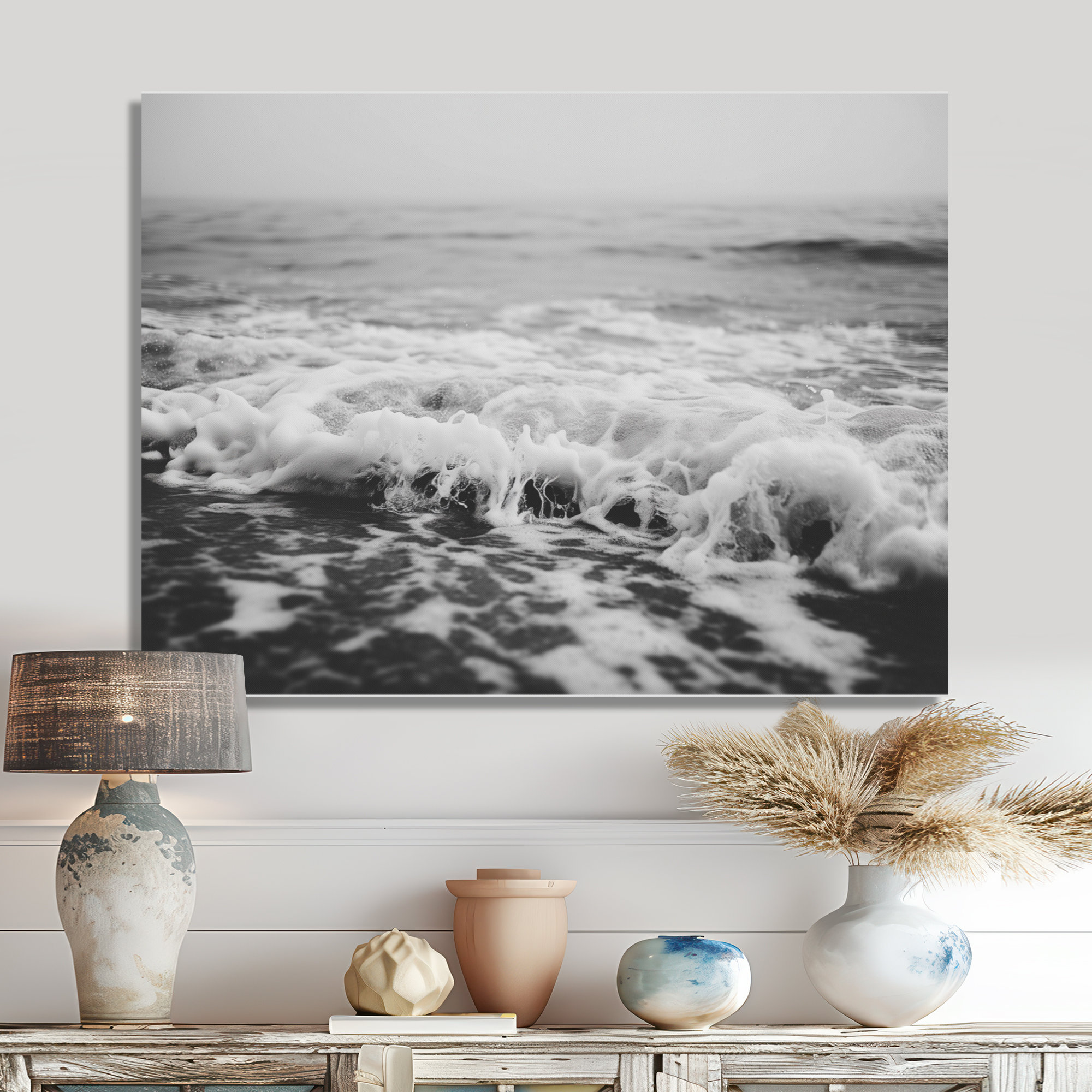 Image showcasing Dovecove Grey Photograph Of Coastal Waves - Beach Wall Art, Grey ...