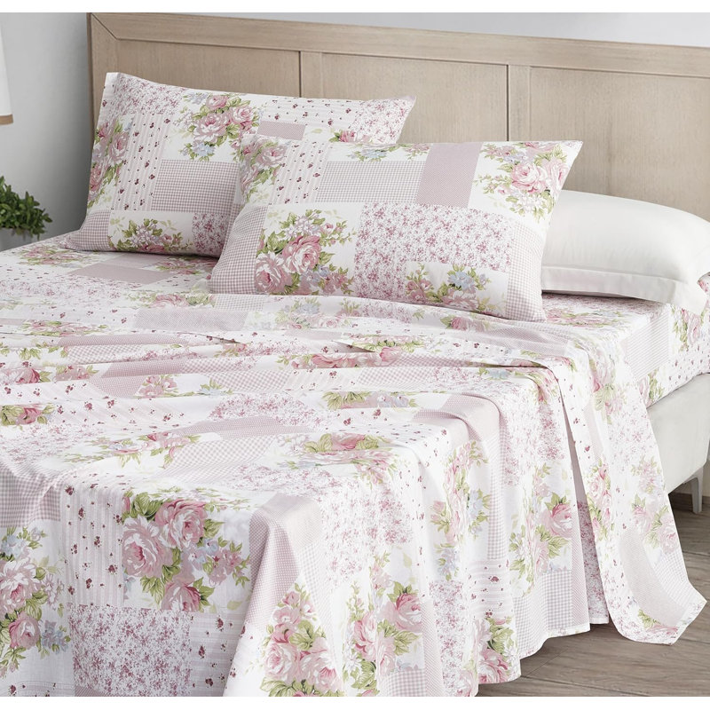 Rosy Floral Patchwork Printed Cotton Bed Sheet Set, California King Sheet Set with 2 King Pillowcases