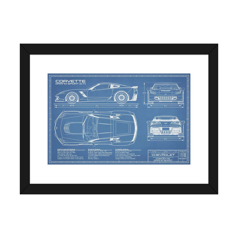 Grande sport Blueprint (C7) Corvette-impression de dessin, H 24 po x l 32 po x P 1 po, Papier encadré noir, Blanc