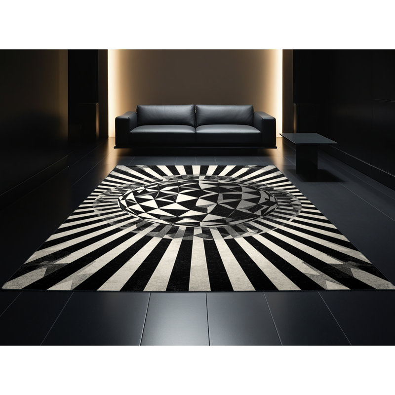 Machine Washable Pahola Modern & Contemporary Geometric Shapes Rug in Black – Black Binding, 3 x 5