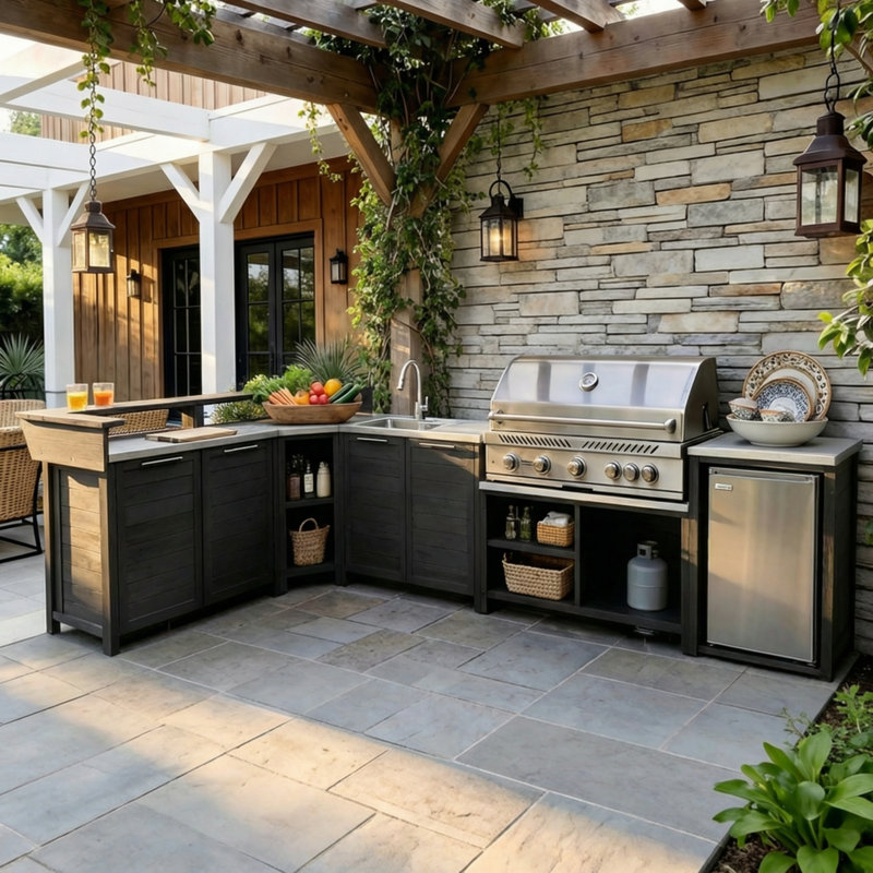 Ensemble de cuisine extérieure en cèdre en forme de U, 6 pièces, avec évier, espace barbecue, rangement et bar, noir, Noir