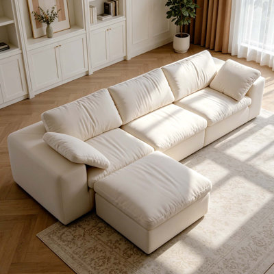 Canapé d'angle modulaire moderne beige en forme de L avec pouf, larges accoudoirs, coussins amovibles et lavables