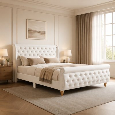 Queen Size Velvet Upholstered Sleigh Bed Frame with Wingback Headboard,No Box Spring Needed,Beige