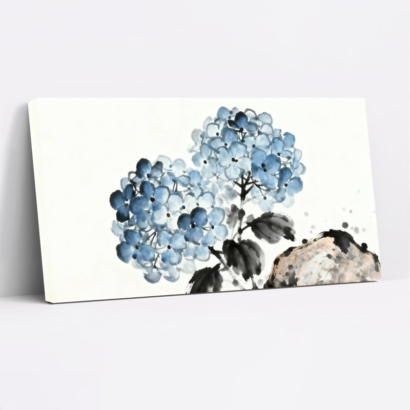 Tableau aquarelle florale d'hortensias sur toile tendue, idéal pour décorer le salon ou la chambre., H 28 po x l 58 po
