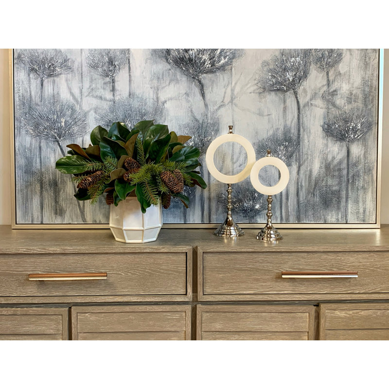 Pine, Magnolia Leaves And Pinecones In A Ceramic Vase