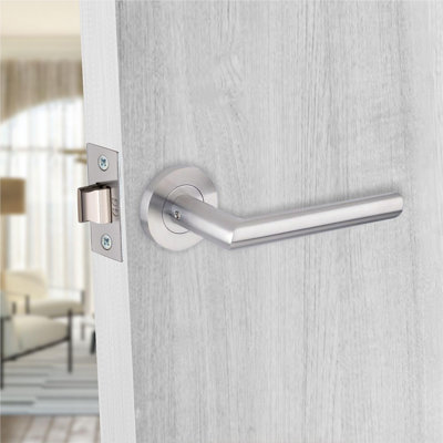  1 Pair Mitred Design Door Handles on Round Rose in Satin Nickel Finish with 2.5" Tubular Latch - 52mm Diameter