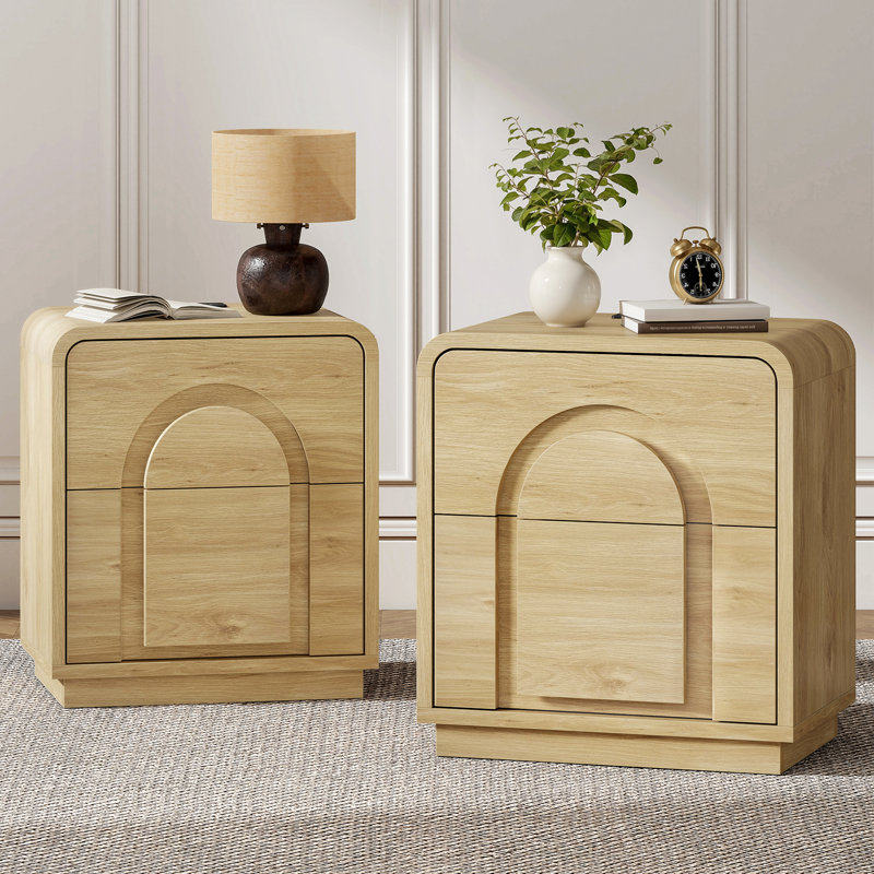 23.6''H Modern Arched Nightstand with 2 Storage Drawers & Charging Station ,20.5'' W Natural Oak Wood Bedside Table with Curved Design(Set of 2)