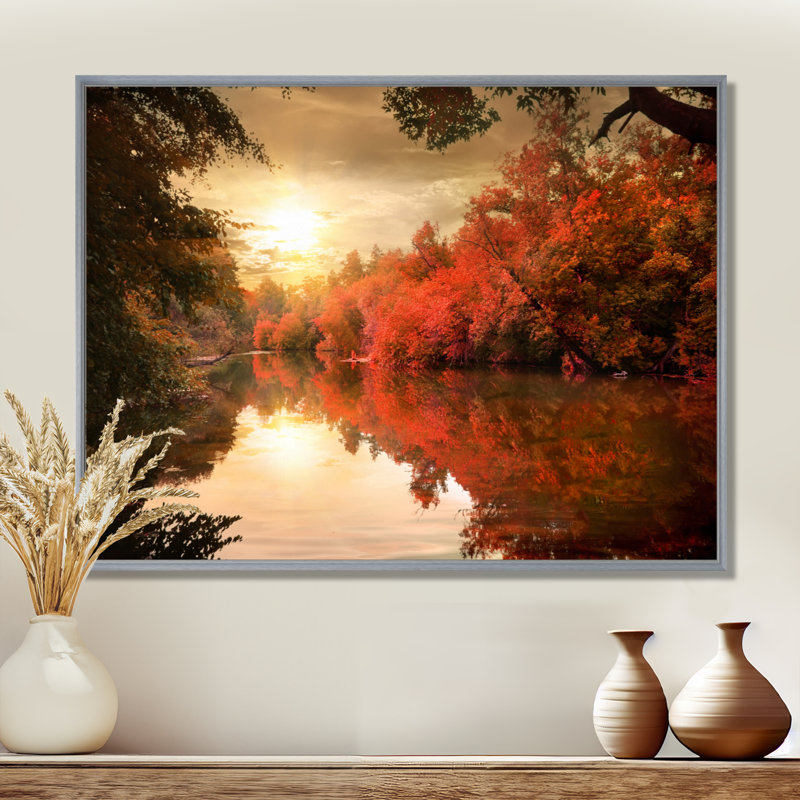Paysage, coucher de soleil sur une rivière, photographie sur toile, H 34 po x l 44 po, Argent argent, Cadre flottant