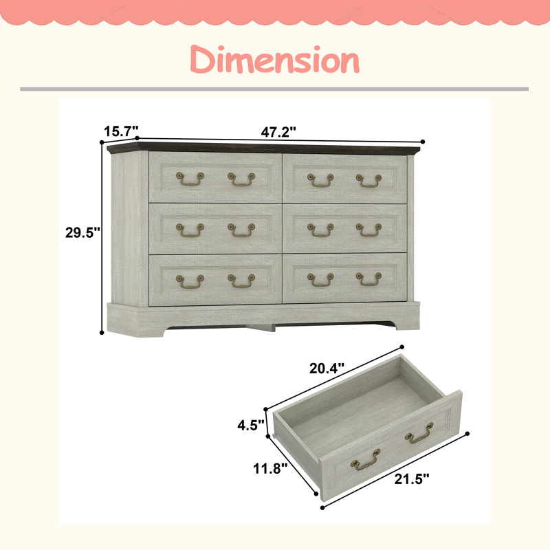 Commode 6 tiroirs Farmhouse, commode en bois rustique avec poignées en métal, large meuble télé avec commode pour la chambre à coucher, le salon, le couloir, la salle à manger