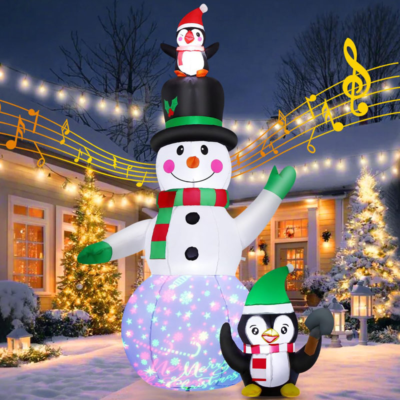 Bonhomme de neige gonflable de Noël de 7 pi avec pingouins sur la tête et sur le côté GOOSH - musique intégrée et lumières DEL à 360 °