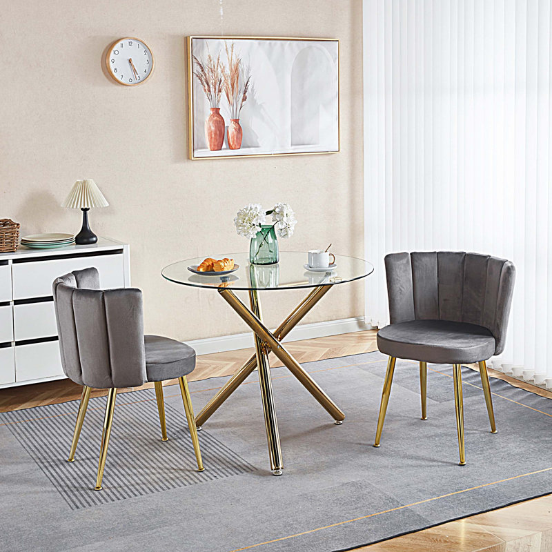 Chaise de salle à manger moderne avec pieds en tube de fer de couleur dorée, velours et dossier confortable, ensemble de 2
