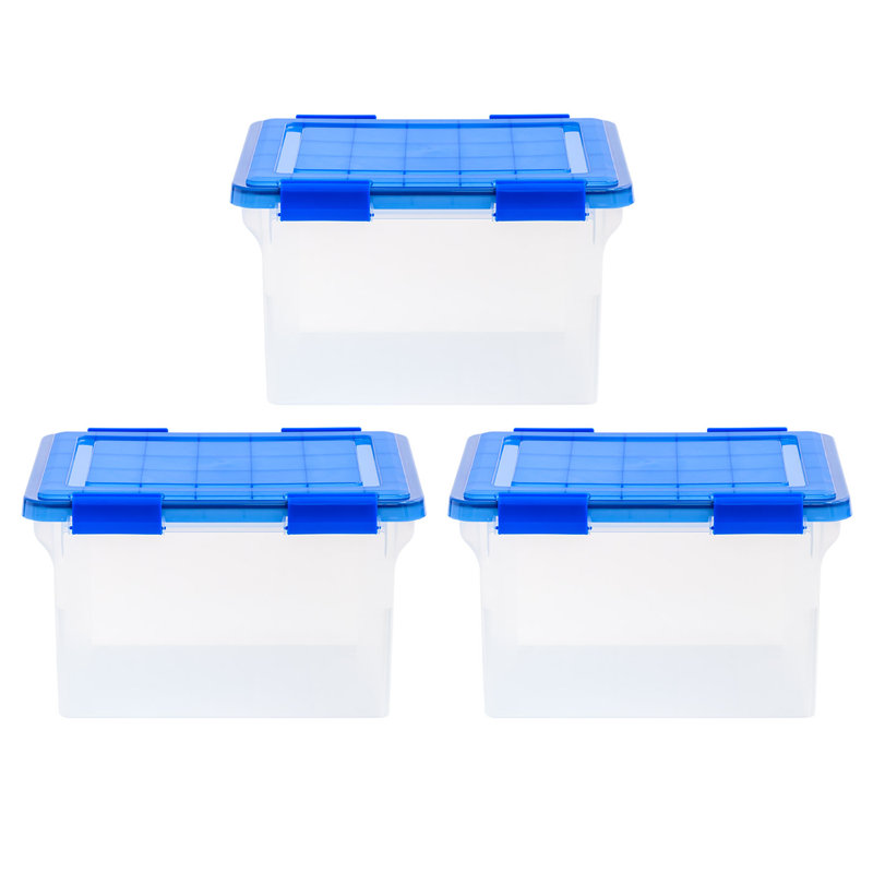 Clear and Blue Plastic Stackable File Storage Boxes, Set of 3