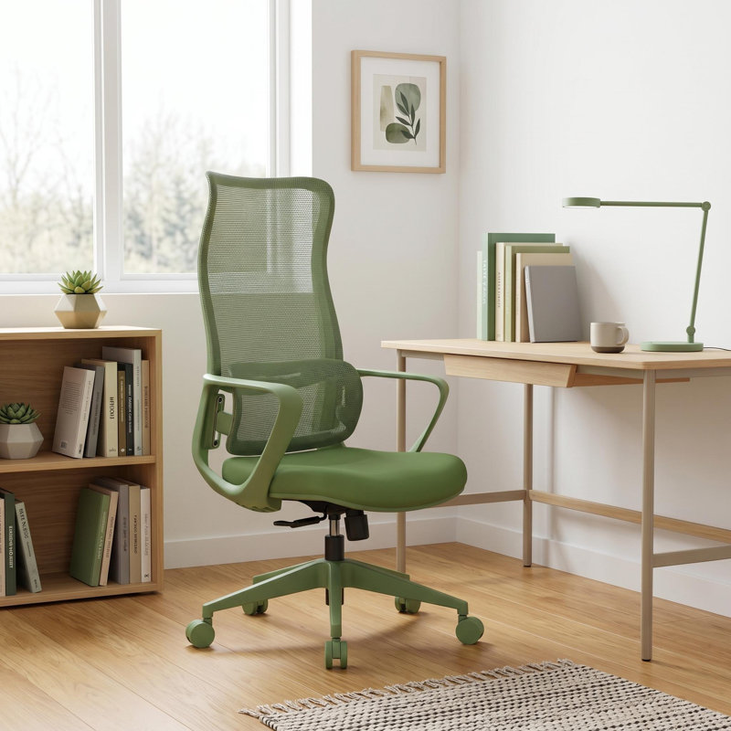 Chaise de travail ergonomique en maille à haut dossier avec support lombaire à 7 niveaux, Vert olive
