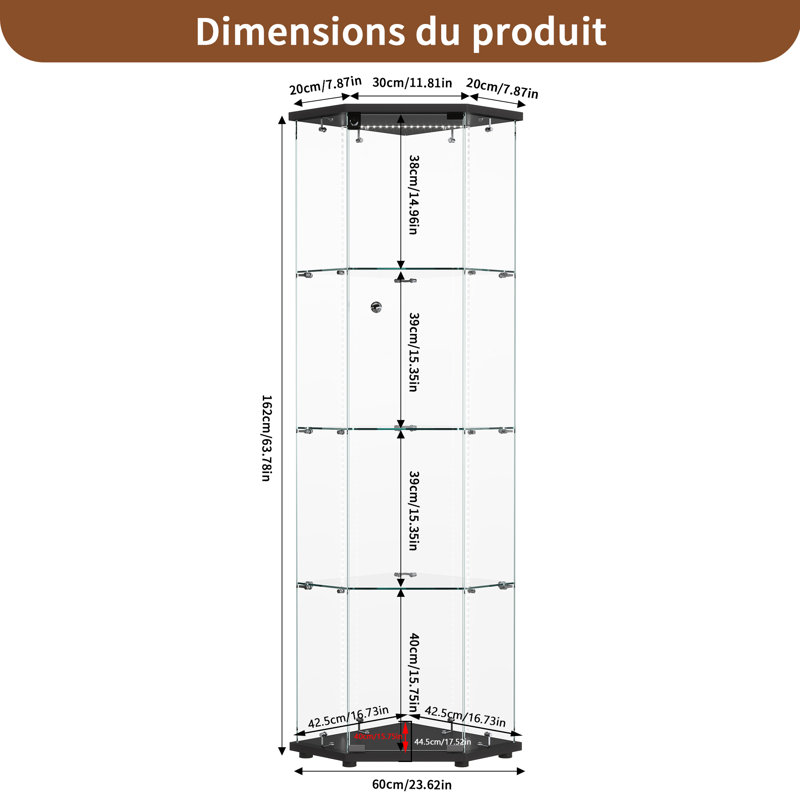 Glass 60 cm W Display Cabinet, Black, LED Strip Lights