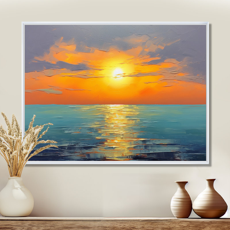 Bord de mer, sérénité orange, coucher de soleil bleu, vagues sereines - coucher de soleil, Toile encadrée flottée blanche