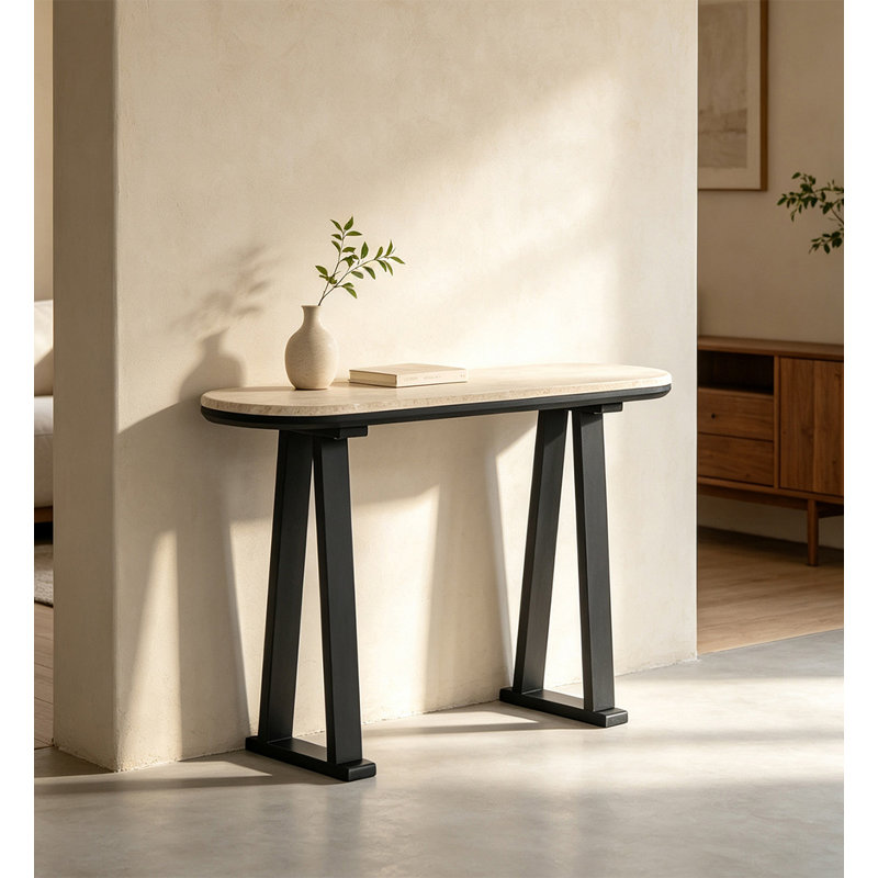 Table d'appoint décorative contemporaine en matériaux mixtes avec plateau en travertin pour l'entrée de la maison, Black