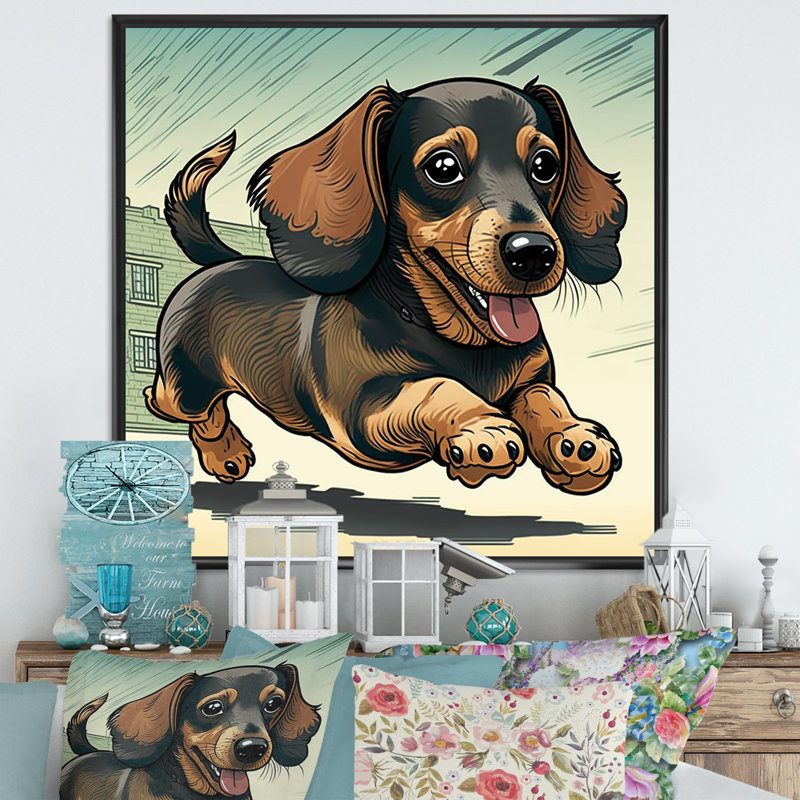 Caricature de teckel ludique - reproduction sur toile, L 16 po x H 16 po, Toile avec cadre flottant noir