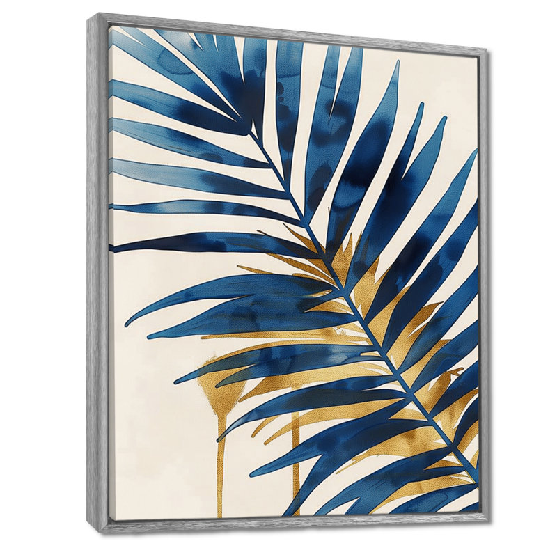 «Blue and Gold Palm Tree Leaves I» - impression d'art mural palmiers et palmiers, H 32 po x l 24 po