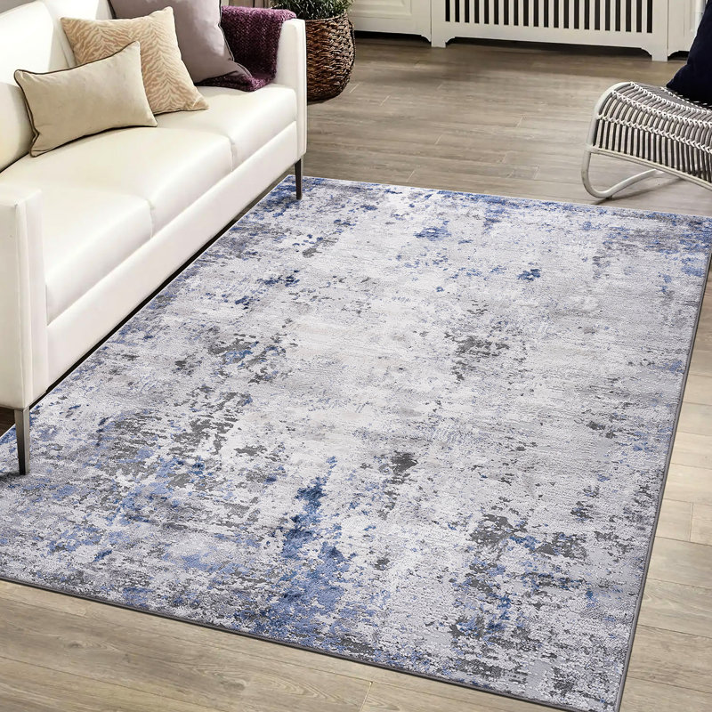 Stylish Non-Shedding Area Rug 6X9 - Silver/Blue/Abstract For A Fabulous Living Room Bedroom Dining Office Non-Shedding, Stain- Beautiful Home
