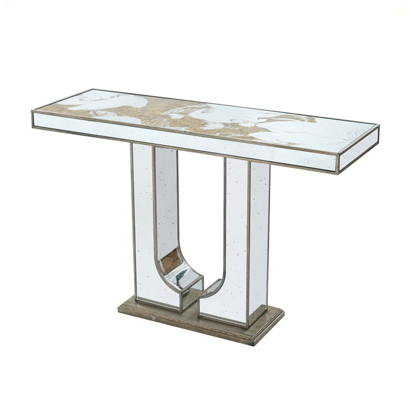 Console rectangulaire avec un élégant motif floral et une finition argentée en miroir