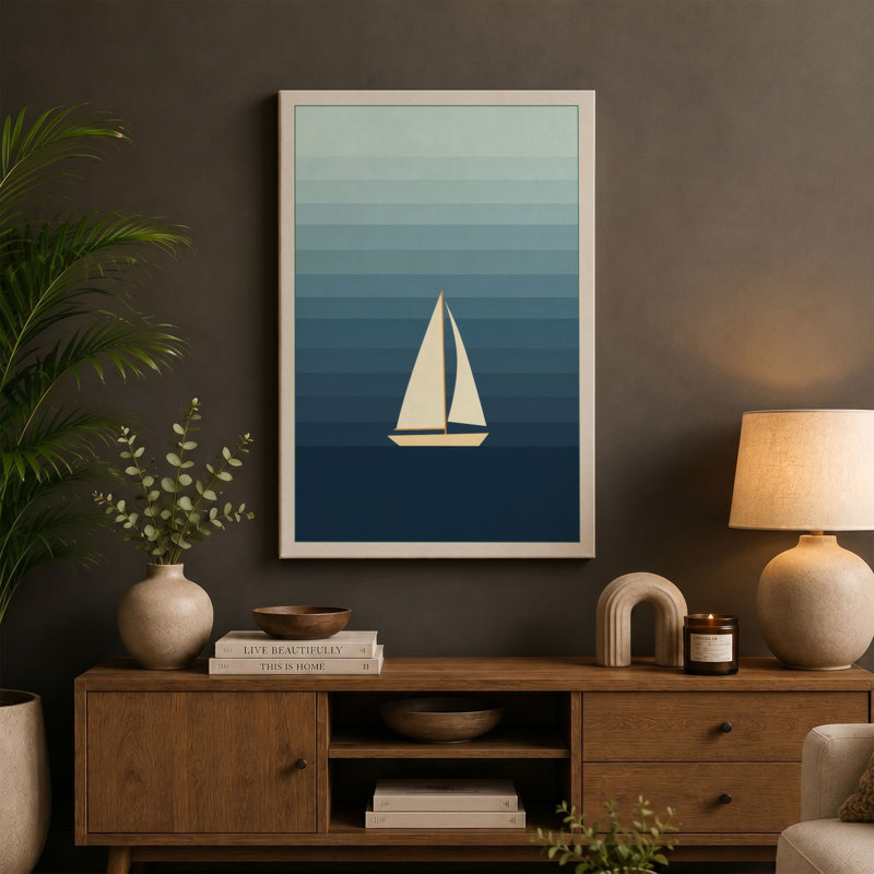 Sailboat in Stillness Minimalist - Wrapped Canvas, 36x24 - 91.4 x 61.0 cm, Terracotta Border