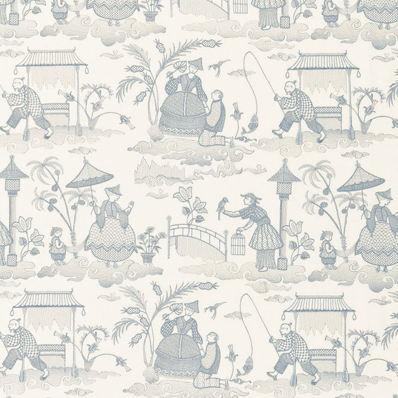 Bassano Embroidered Toile Fabric, Blue