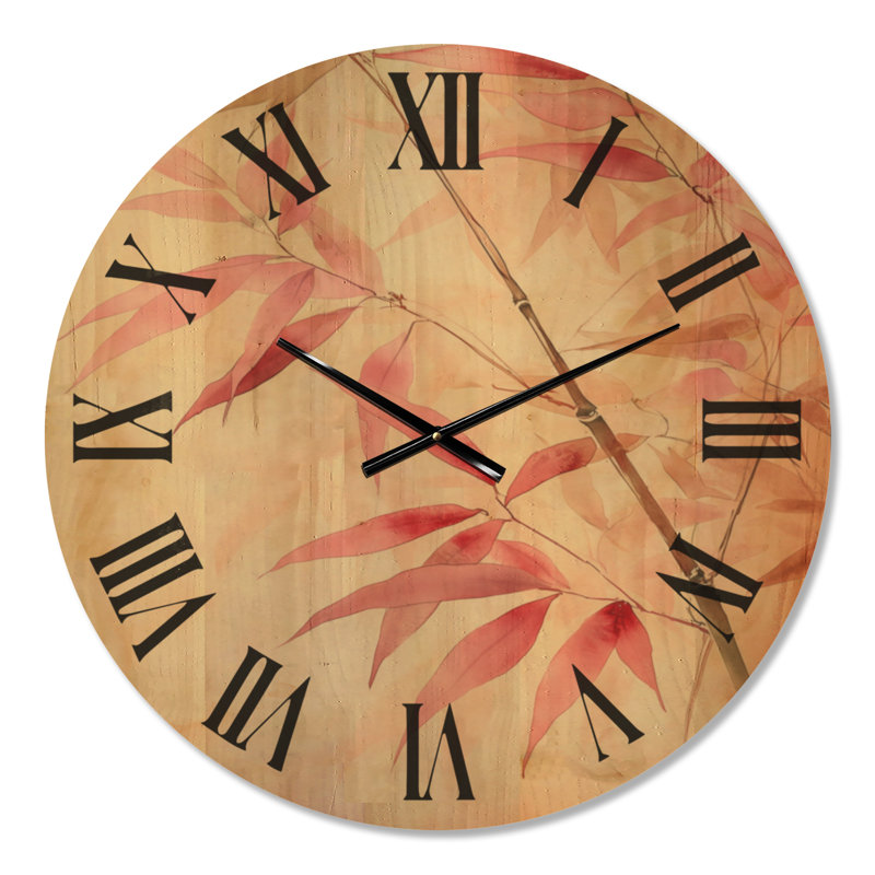 Horloge murale ronde botanique à motif de branche de bambou rose, imprimée sur bois, Grand
