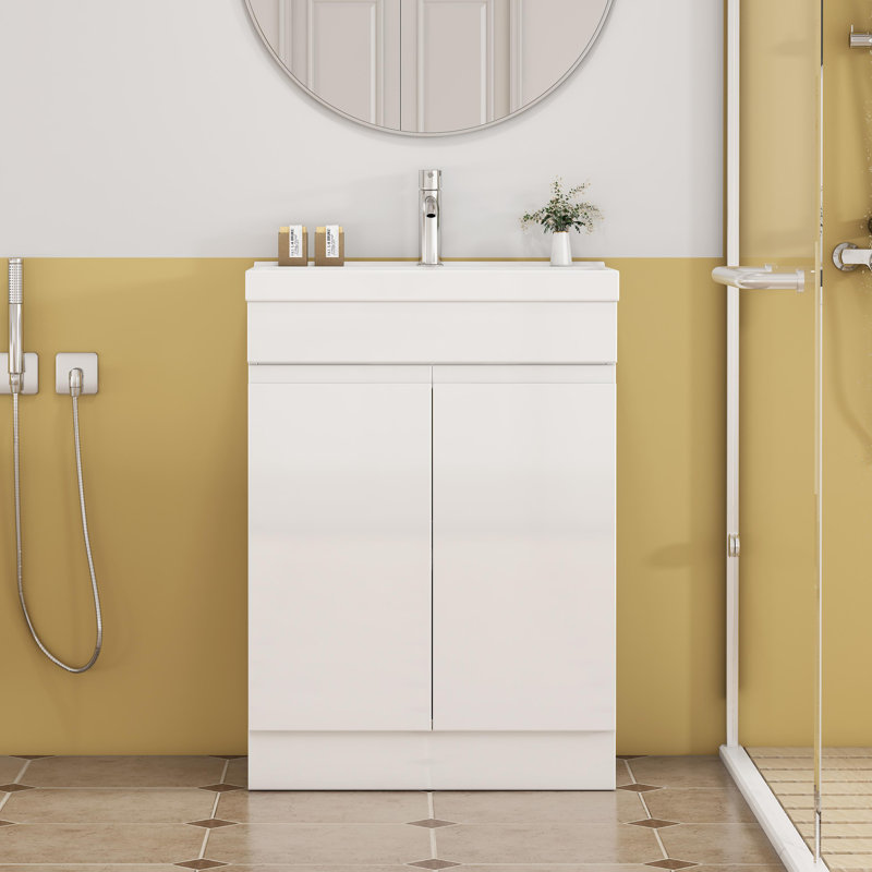 24-Inch Bathroom Vanity With Sink Combo , 2 Doors Bathroom Cabinet, Free Standing Bathroom Cabinet ,ceramic basin, Handle free design,Soft Close System Hinge,Glossy White