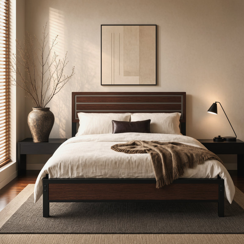 Cadre de lit plateforme avec tête de lit, style rétro moderne du milieu du siècle, rangement sous le lit, sommier à lattes métalliques robustes