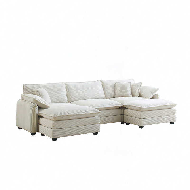 Jeffers Chenille Fabric Upholstered 4-Piece Sectional Sofa, White Chenille, 33" H x 76.7" W x 35" D