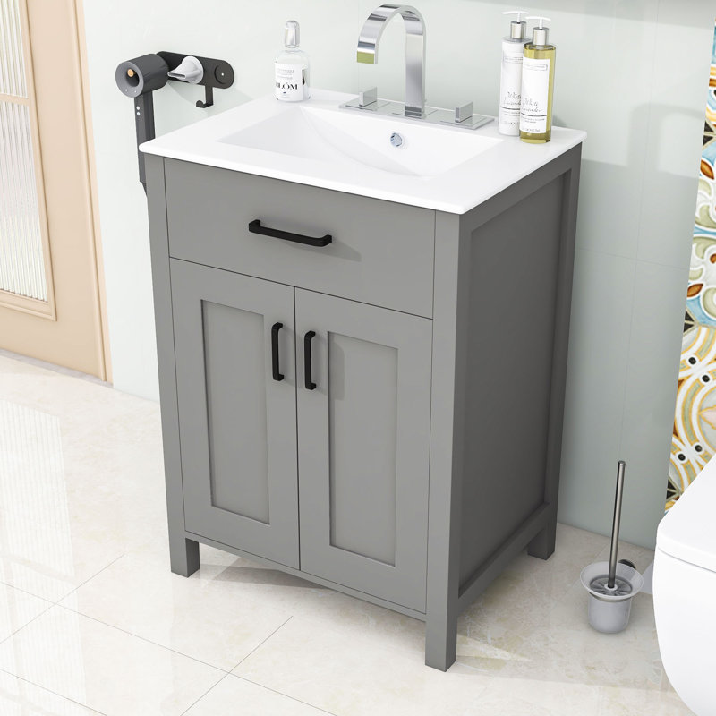 Meuble-lavabo pour salle de bain avec lavabo en céramique, tiroir, armoire de rangement et tablette, Gris