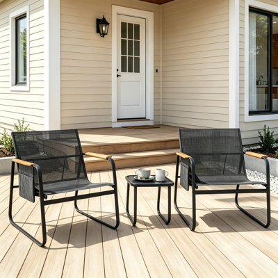 Ensemble de meubles de patio 3 pièces, chaises de conversation d'extérieur avec accoudoirs larges et poches de rangement latérales et table basse en verre trempé, structure en métal antirouille toutes saisons pour balcon de bistro près de la piscine, noir
