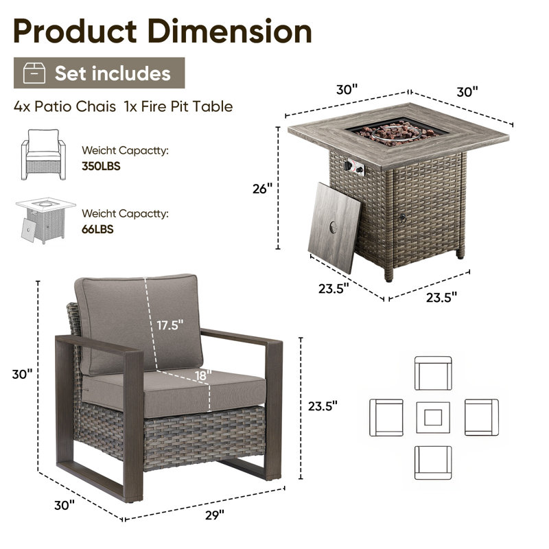 Fauteuil d'extérieur en osier pour 4 personnes et table de patio avec coussins Aldiana, Gris, Gris
