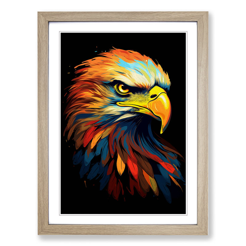 Eagle Minimalism - Single Picture Frame Print on Wood, Oak Framed, 64cm H x 46cm W