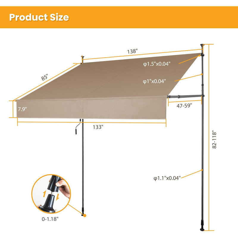 Manual Retractable Awning 138" x 118" Patio Awning Shed Polyester Height Adjustable, Khaki