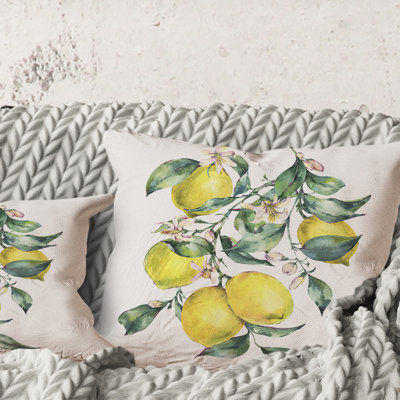 Carré, branche de citrons jaunes et feuilles I - coussin décoratif imprimé tropical