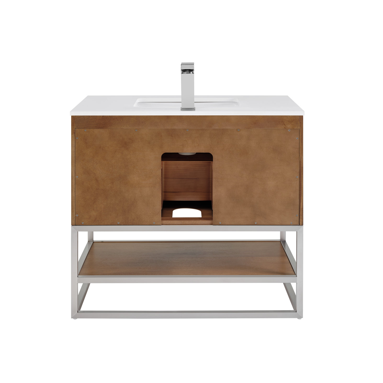 Terra 36'' Single Bathroom Vanity, White Quartz/Single Faucet Mount, Walnut, Brushed Nickel